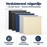 Verduisterend rolgordijn van BukkitBow met zilveren thermocoating, zonder boren, geschikt voor verduistering en warmte-isolatie.