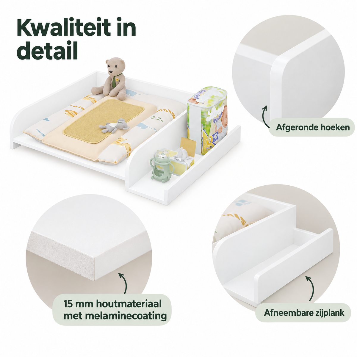 Wit verschoonblad voor wasmachine, zijdeplank links of rechts, van BukkitBow, detail van het materiaal en ontwerp.