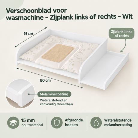 Wit verschoonblad voor wasmachine, zijplank links of rechts, BukkitBow verschoonopzetstuk, geschikt voor wasmachine.