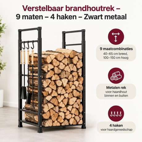 Verstelbaar brandhoutrek van BukkitBow in zwart metaal, 9 maten, 4 haken voor het organiseren van hout in de tuin.