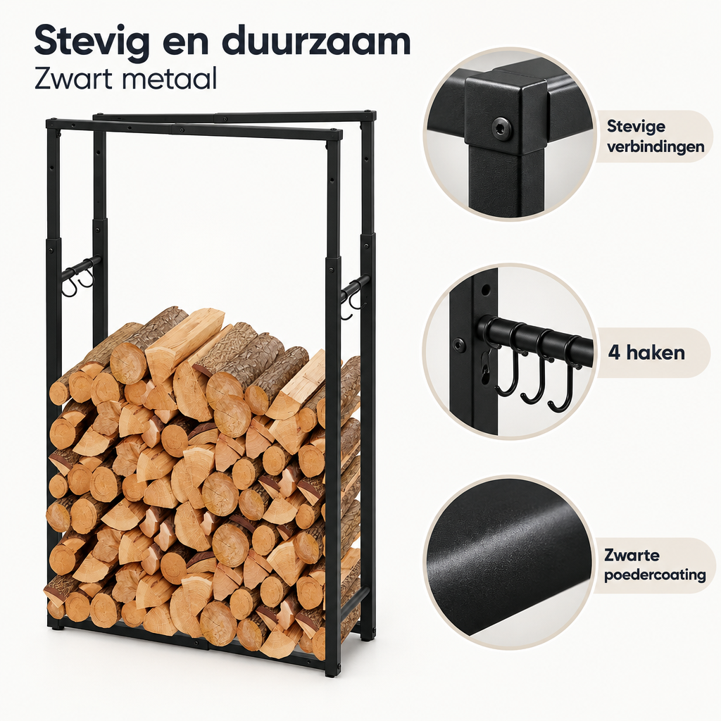 Detail van materiaal en afwerking van verstelbaar brandhoutrek