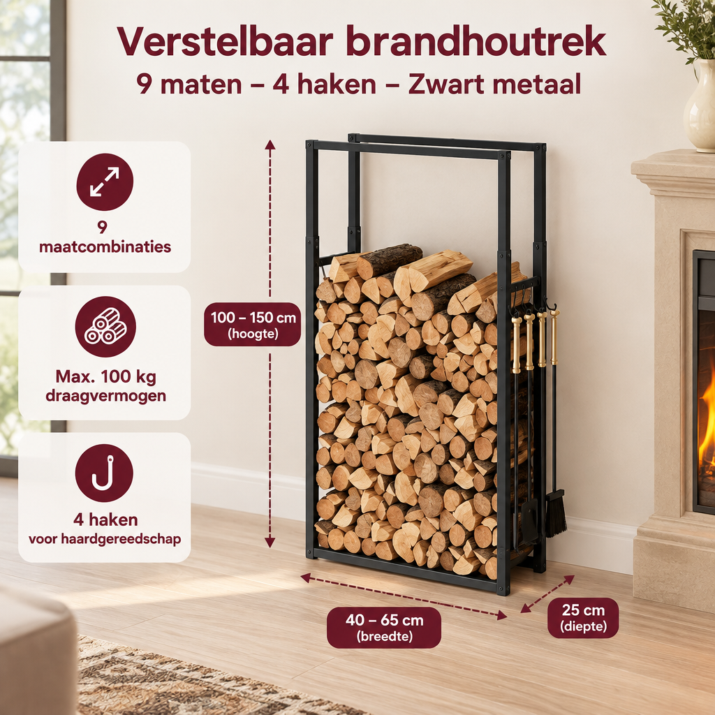 Afmetingen en productspecificaties van verstelbaar brandhoutrek