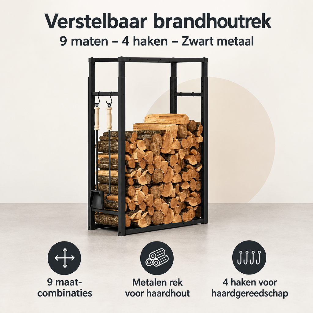 Overzicht van verstelbaar brandhoutrek met de belangrijkste productvoordelen