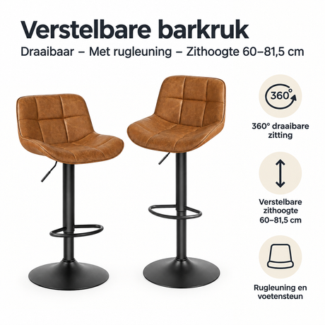 Verstelbare barkruk van BukkitBow met draaibare zitting, rugleuning en zithoogte van 60-81,5 cm, geschikt voor bar of keuken.