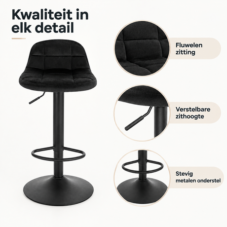 Verstelbare barkruk van BukkitBow met fluwelen zitting en rugleuning, zithoogte 62-83 cm, comfortabele lounge-stijl stoel
