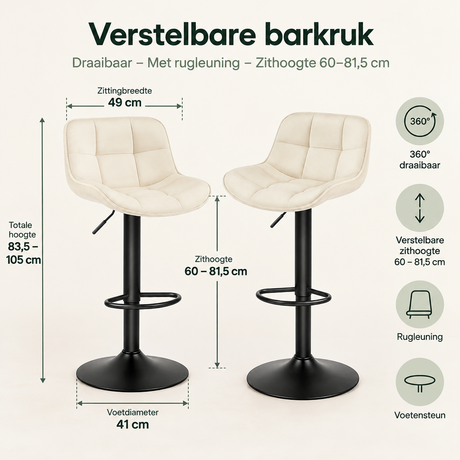Verstelbare barkruk van BukkitBow met draaibaar zitvlak, rugleuning en in hoogte verstelbaar van 60 tot 81,5 cm.