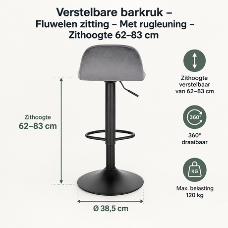 Verstelbare barkruk met fluwelen zitting en rugleuning, zithoogte 62-83 cm, door BukkitBow.