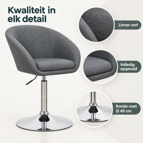 Detail van materiaal en afwerking van verstelbare barkruk met armleuning