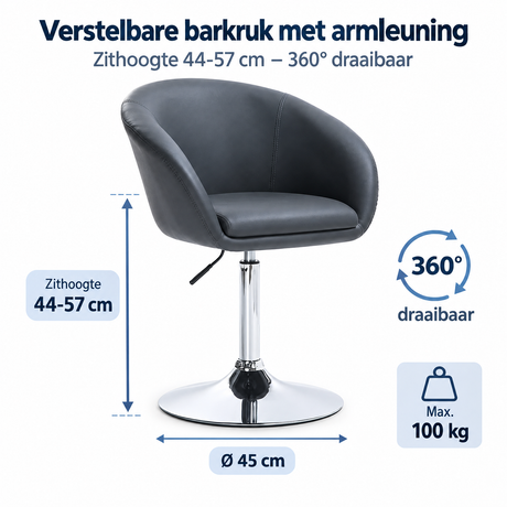 Afmetingen en productspecificaties van verstelbare barkruk met armleuning