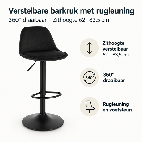 Verstelbare barkruk met rugleuning van BukkitBow, 360° draaibaar, zithoogte 62-83,5 cm, geschikt voor bar en keuken.