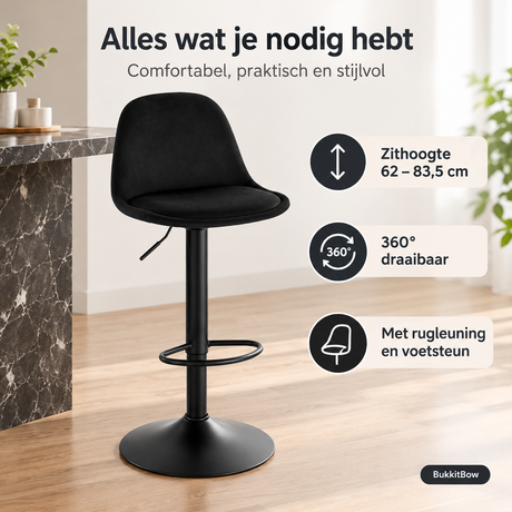 Verstelbare barkruk van BukkitBow met rugleuning, 360° draaibaar en in hoogte verstelbaar van 62 tot 83,5 cm