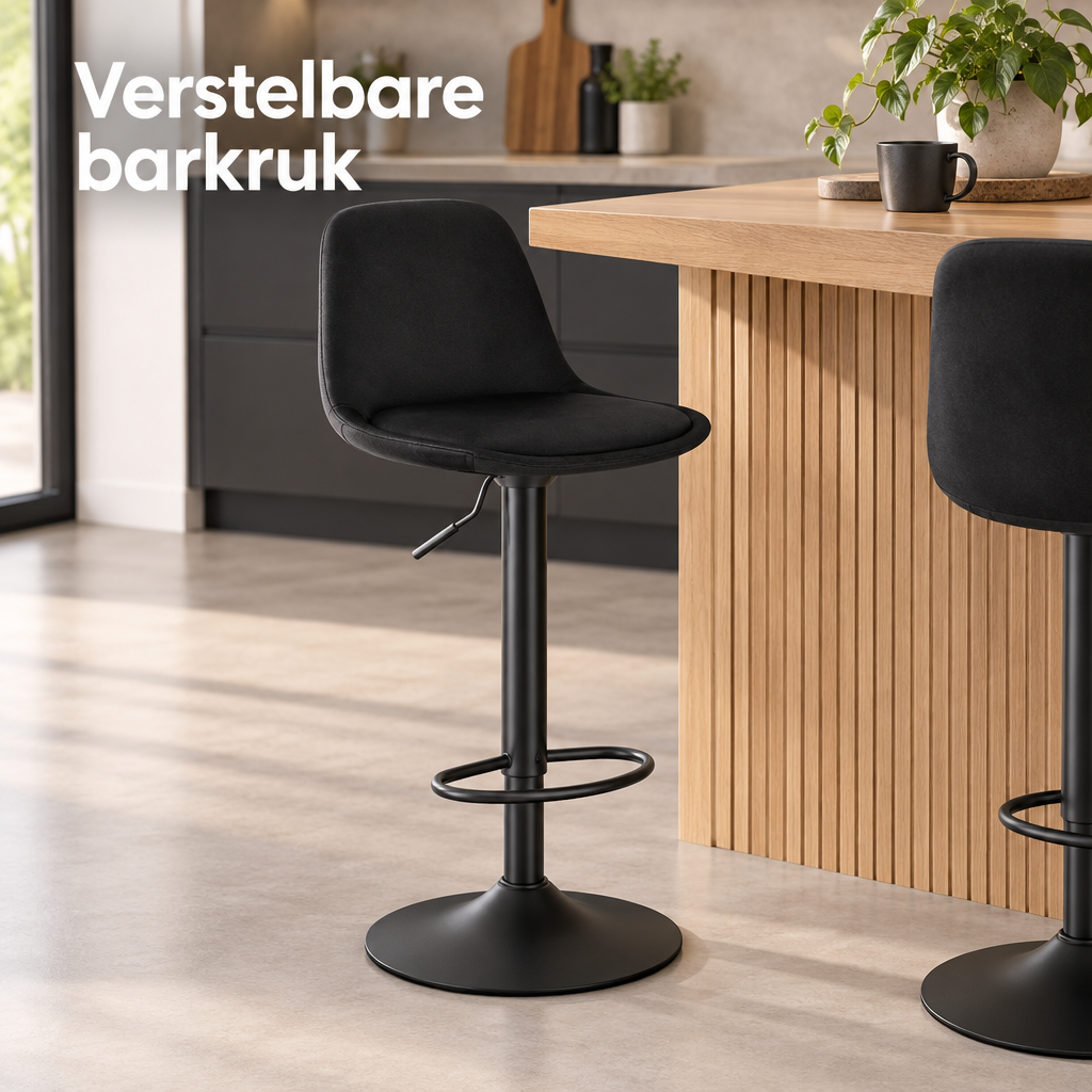Verstelbare BukkitBow barkruk met rugleuning, 360° draaibaar, zithoogte 62-83,5 cm, geschikt voor keuken of bar.