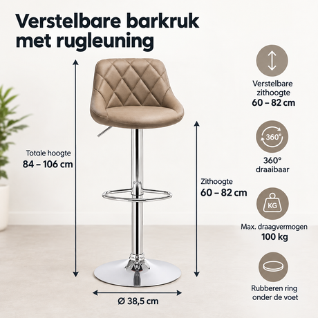 Afmetingen en productspecificaties van verstelbare barkruk met rugleuning