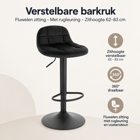 Verstelbare barkruk van BukkitBow met fluwelen zitting en rugleuning, zithoogte 62-83 cm, geschikt voor bar- en keukengebruik.