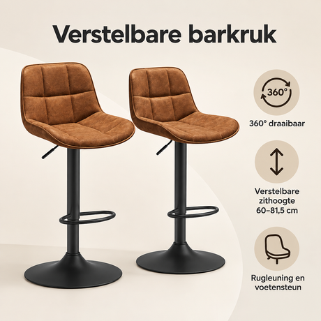 Verstelbare barkruk van BukkitBow met draaibare zitting en rugleuning, zithoogte 60-81,5 cm, ideaal voor keukeneilanden.