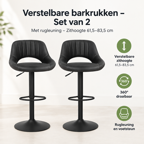 Set van 2 verstelbare barkrukken van BukkitBow met rugleuning, zithoogte 61,5-83,5 cm, geschikt voor keuken of bar.