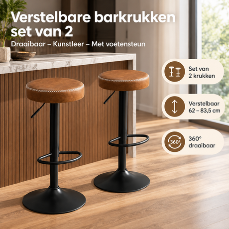 Set van 2 verstelbare barkrukken van BukkitBow, draaibaar, kunstlederen zitting en handige voetensteun.