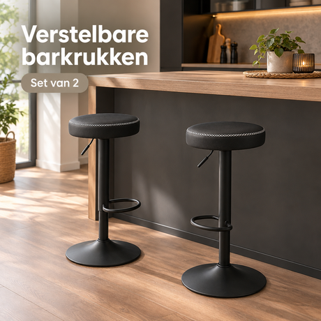 Set van 2 verstelbare barkrukken van BukkitBow met draaifunctie en kunstlederen zitting, geschikt voor keukeneilanden en bars.