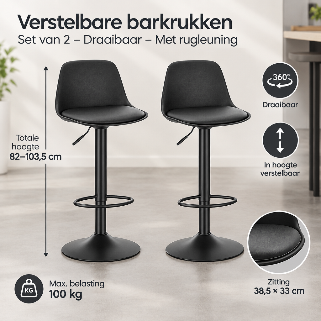 Afmetingen en productspecificaties van verstelbare barkrukken set van 2