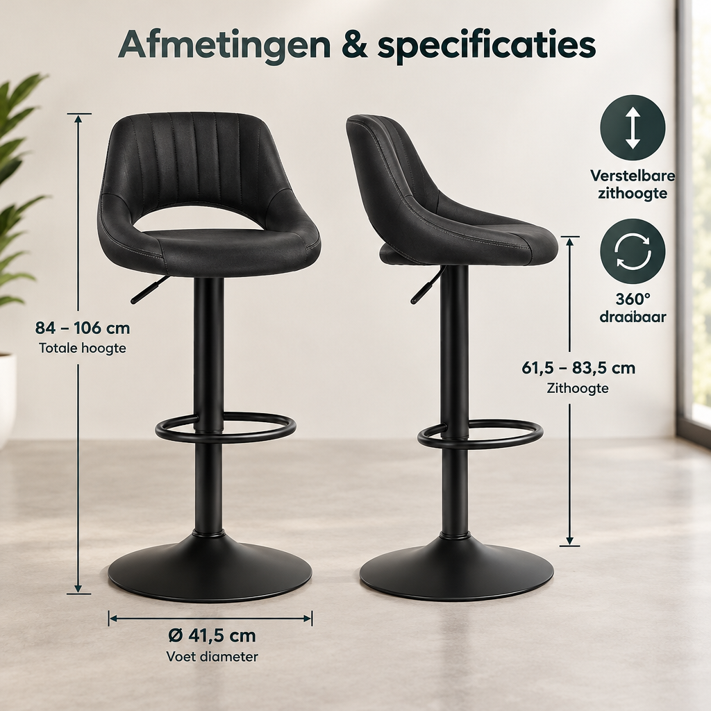 Afmetingen en productspecificaties van verstelbare barkrukken set van 2