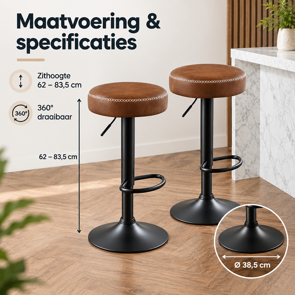 Afmetingen en productspecificaties van verstelbare barkrukken set van 2