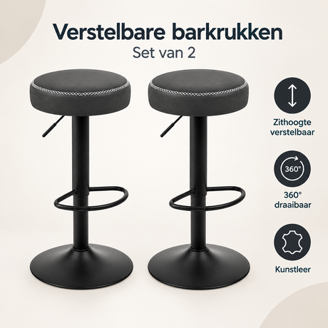 Set van 2 verstelbare barkrukken van BukkitBow met draaifunctie en kunstlederen zitting, overzicht van kernvoordelen.