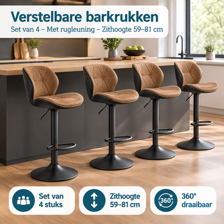 Set van 4 verstelbare barkrukken met rugleuning van BukkitBow, zithoogte 59-81 cm, geschikt voor bar en keuken.