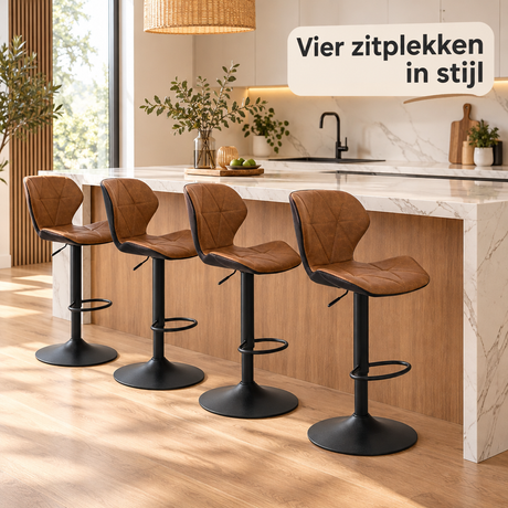 Vier verstelbare barkrukken van BukkitBow met rugleuning, zithoogte 59-81 cm, geschikt voor eetkamers en bars.