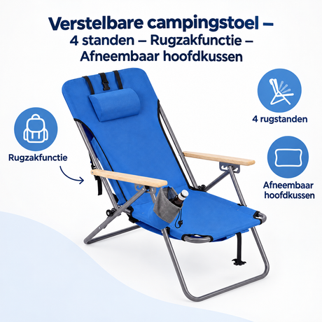 Overzicht van verstelbare campingstoel met de belangrijkste productvoordelen