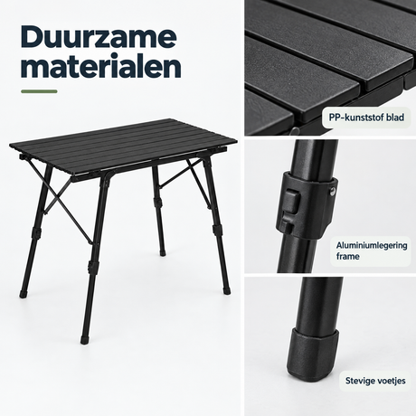Detail van materiaal en afwerking van verstelbare campingtafel