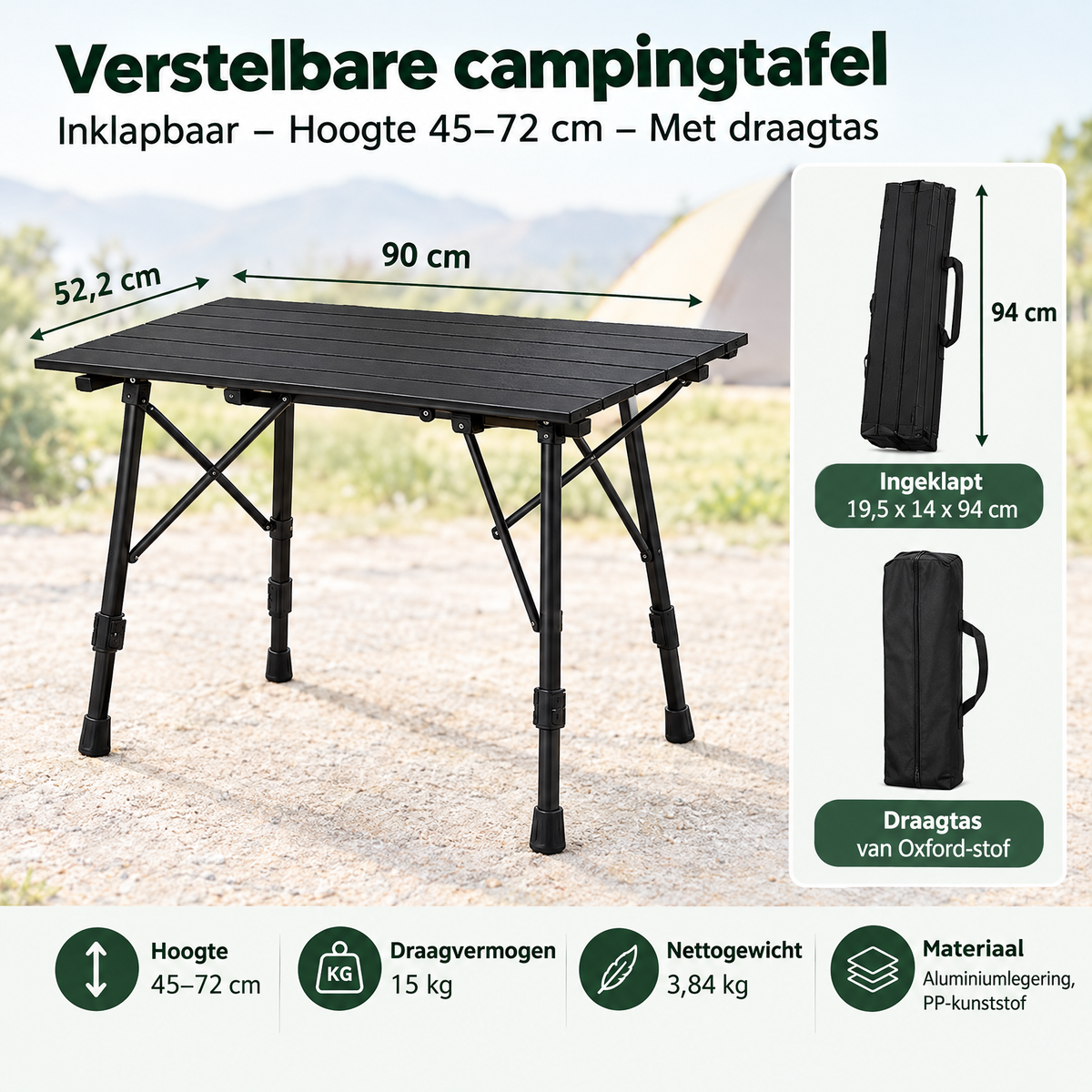 Afmetingen en productspecificaties van verstelbare campingtafel