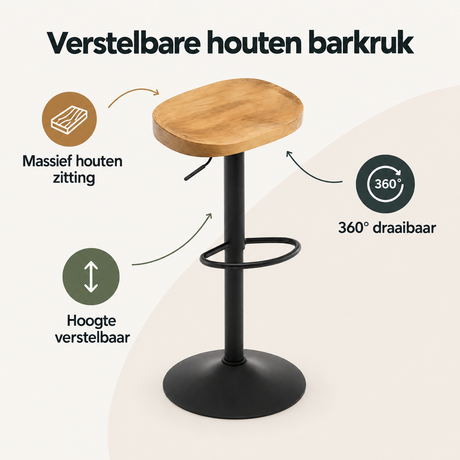 Overzicht van verstelbare houten barkruk met de belangrijkste productvoordelen