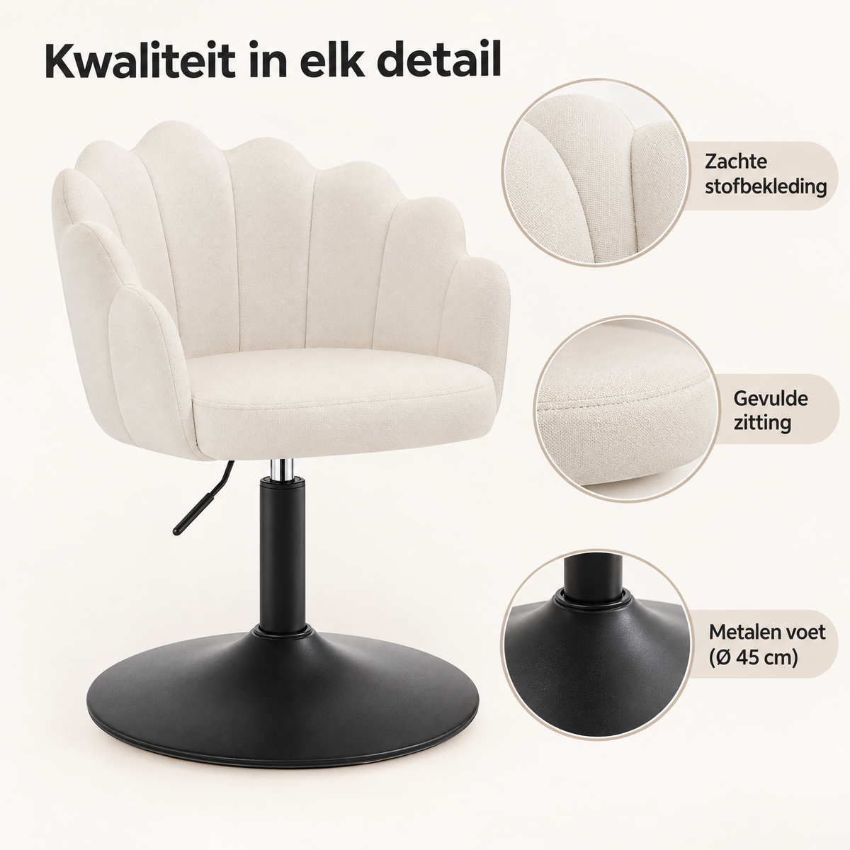 Detail van materiaal en afwerking van verstelbare kaptafelstoel