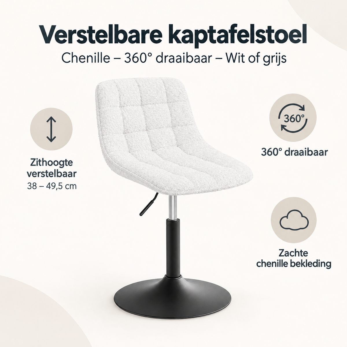 Overzicht van verstelbare kaptafelstoel met de belangrijkste productvoordelen