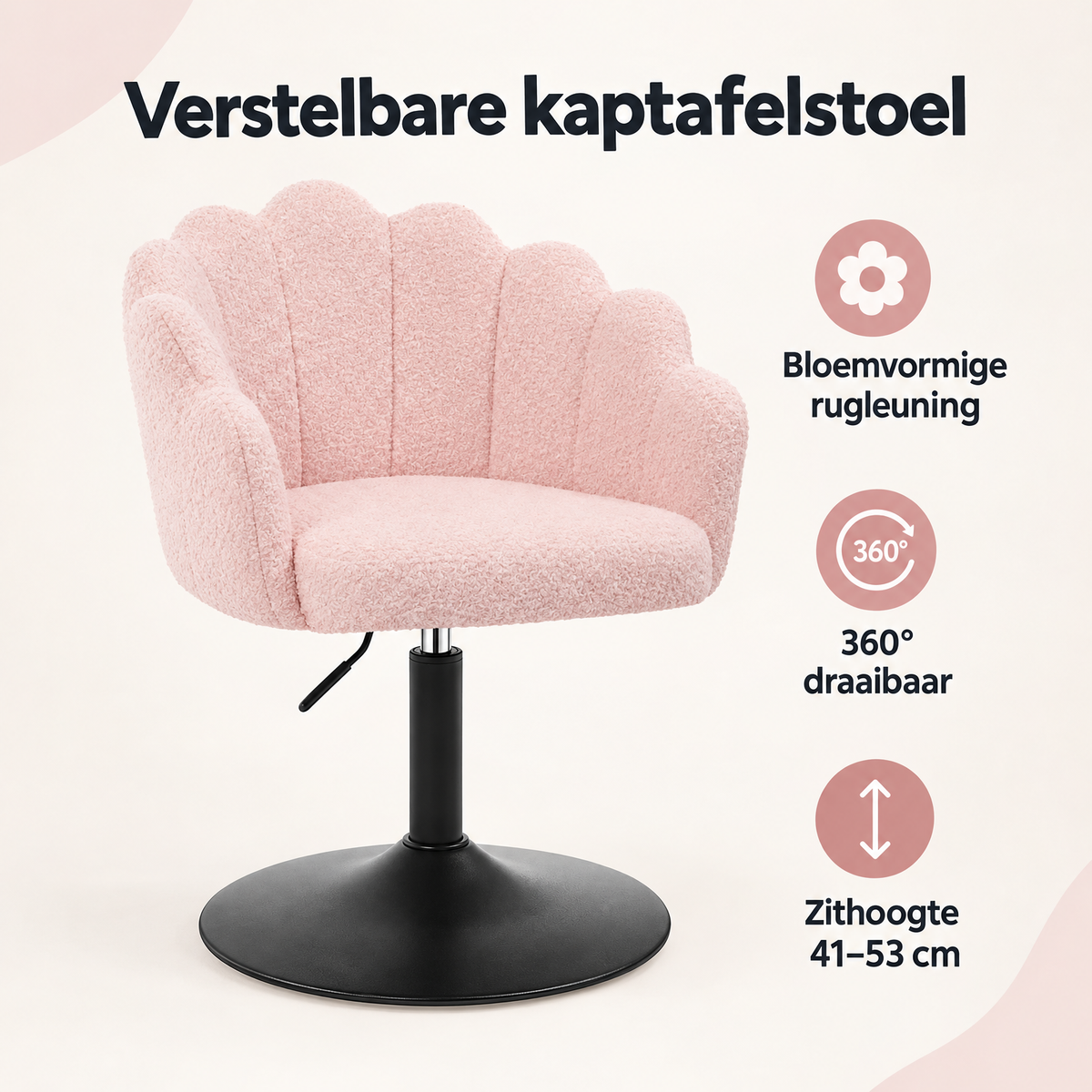 Overzicht van verstelbare kaptafelstoel met de belangrijkste productvoordelen