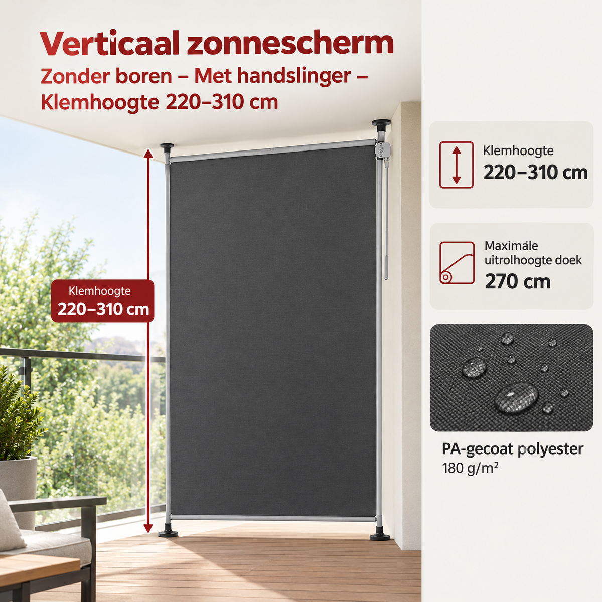 Afmetingen en productspecificaties van verticaal zonnescherm zonder boren
