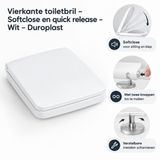 Vierkante witte toiletbril van BukkitBow met softclose en quick release, gemaakt van duurzaam Duroplast.
