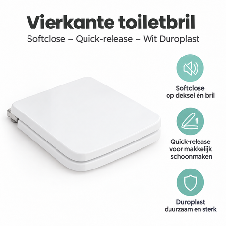 Vierkante witte toiletbril van Duroplast met softclose en quick-release van BukkitBow, geschikt voor hygiënisch en comfortabel gebruik.