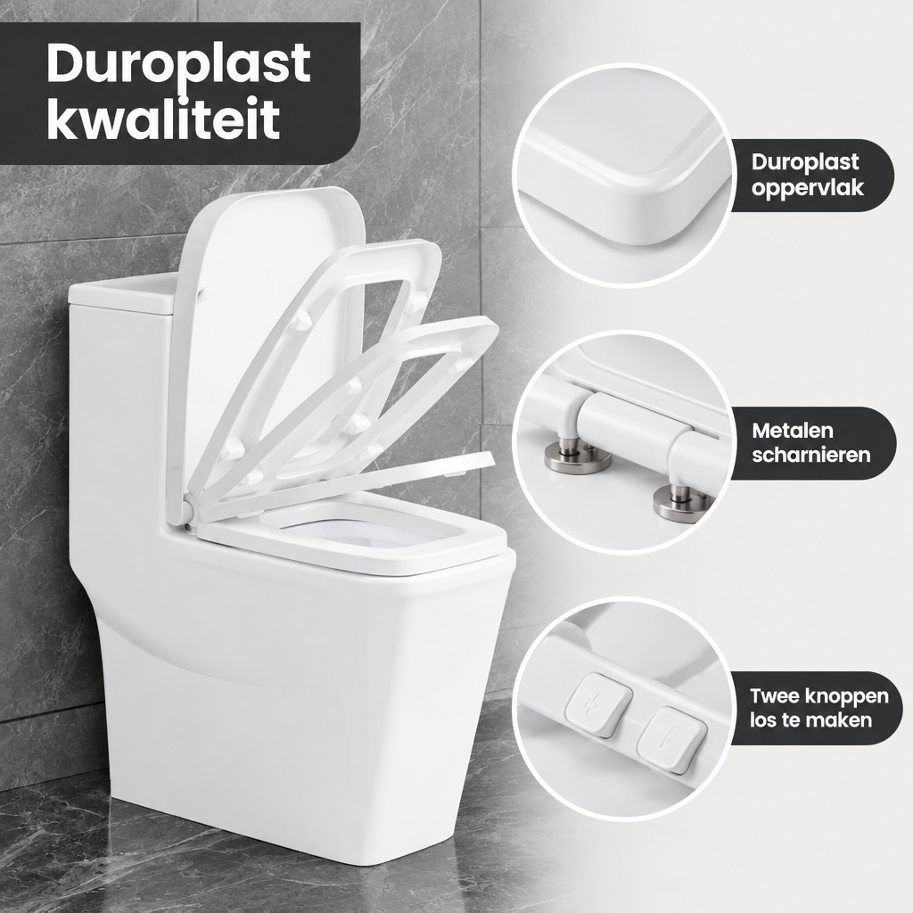 Witte vierkante toiletbril van Duroplast met softclose en quick release voor eenvoudige reiniging, van BukkitBow.