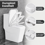Witte vierkante toiletbril van Duroplast met softclose en quick release voor eenvoudige reiniging, van BukkitBow.