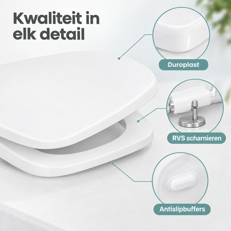 Witte vierkante Softclose toiletbril van Duroplast met quick-release voor BukkitBow, comfortabele en duurzame badkameraccessoire