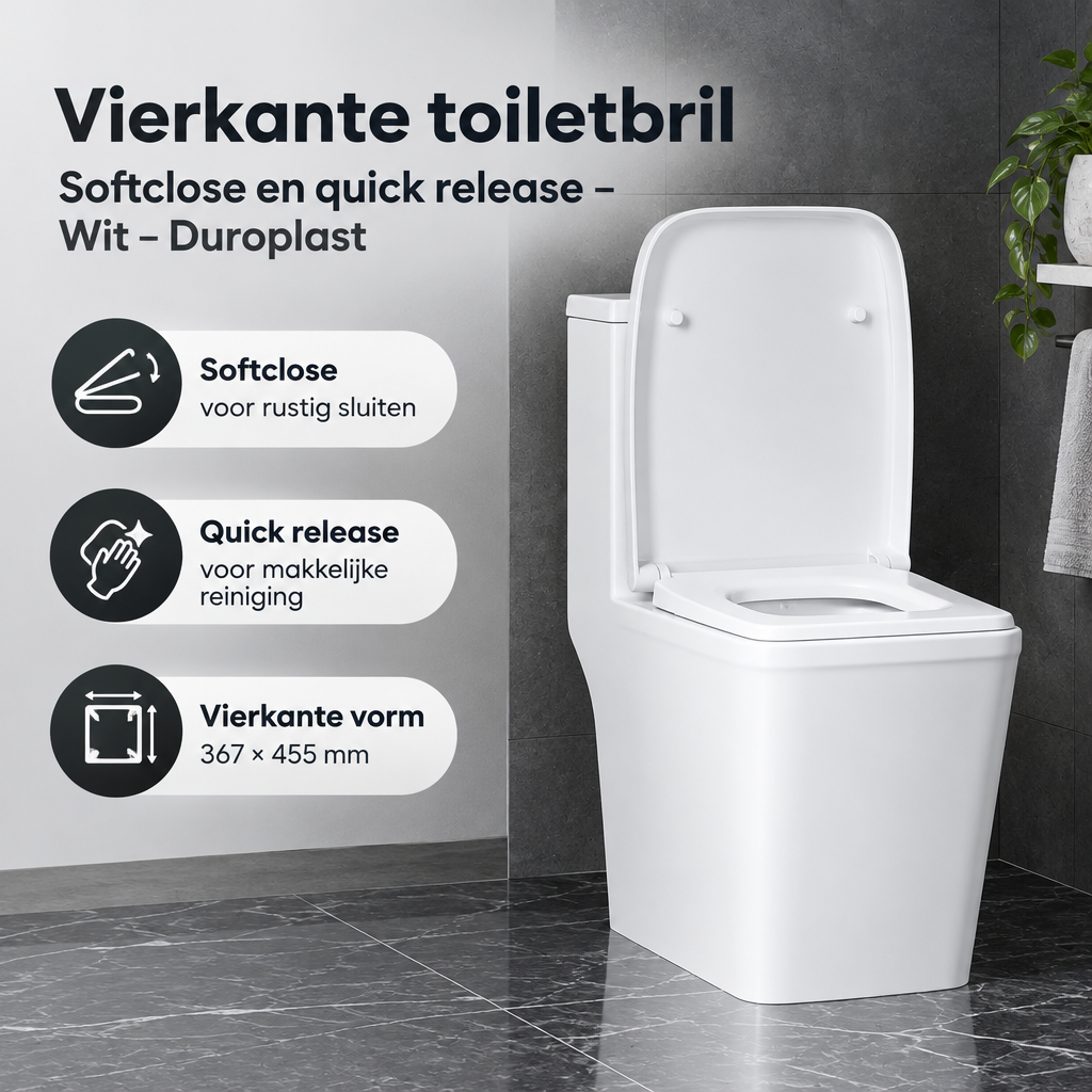 Vierkante toiletbril van BukkitBow in wit, softclose en quick release, gemaakt van duurzaam Duroplast, voor comfortabel gebruik.