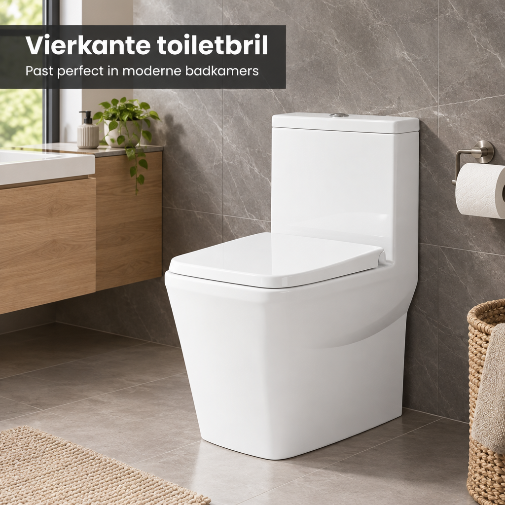 Witte vierkante toiletbril van BukkitBow met softclose en quick release, gemaakt van Duroplast, op toilet gemonteerd.