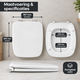 Witte vierkante toiletbril van BukkitBow met softclose en quick release, gemaakt van Duroplast, zichtbaar op de afbeelding