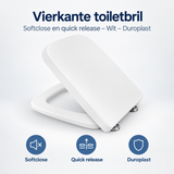 Vierkante witte toiletbril van BukkitBow met softclose en quick release, gemaakt van duurzaam Duroplast voor comfort en gemak.