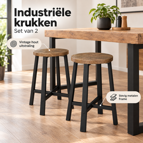 PIM Shopify visual 2/6 · Industriële krukken – Set van 2 – Vintage hout en metaal – Zithoogte 46 cm – Lifestyle & gebruik