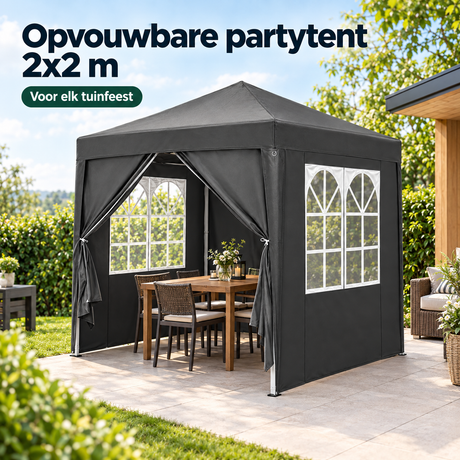 PIM Shopify visual 2/6 · Opvouwbare partytent 2x2 m – 4 afneembare zijwanden – 3 hoogtestanden – Lifestyle & gebruik