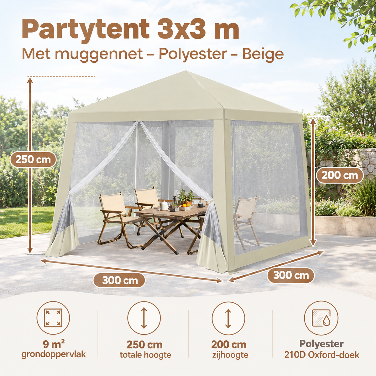 PIM Shopify visual 4/6 · Partytent 3x3 m – Met muggennet – Polyester – Beige – Maatvoering & specificaties