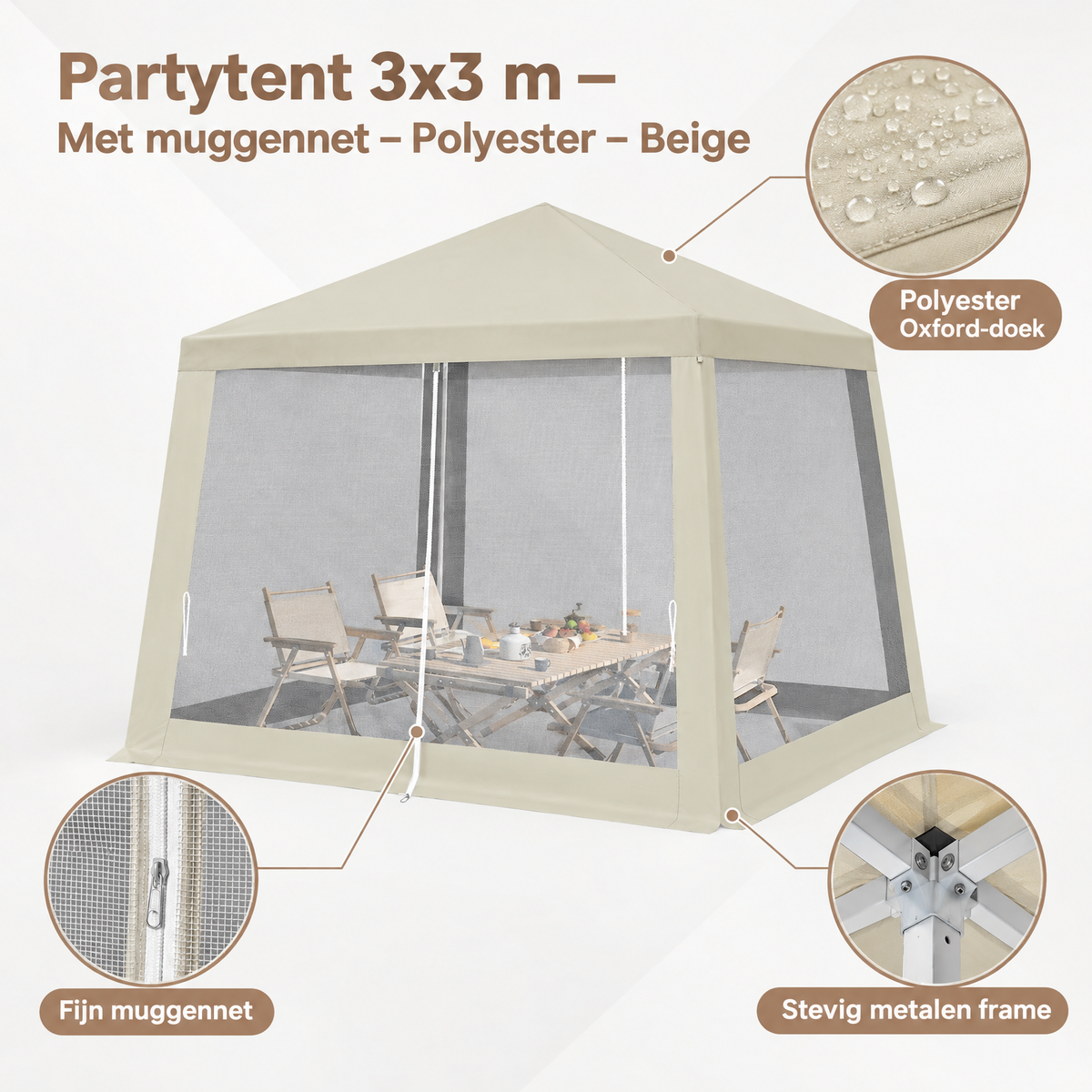 PIM Shopify visual 5/6 · Partytent 3x3 m – Met muggennet – Polyester – Beige – Detail & materiaal