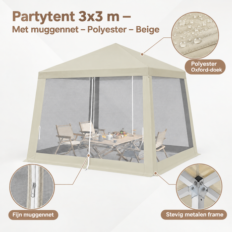 PIM Shopify visual 5/6 · Partytent 3x3 m – Met muggennet – Polyester – Beige – Detail & materiaal